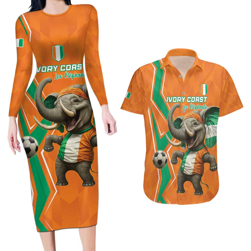 Custom Ivory Coast Football Couples Matching Long Sleeve Bodycon Dress and Hawaiian Shirt Go Les Elephants