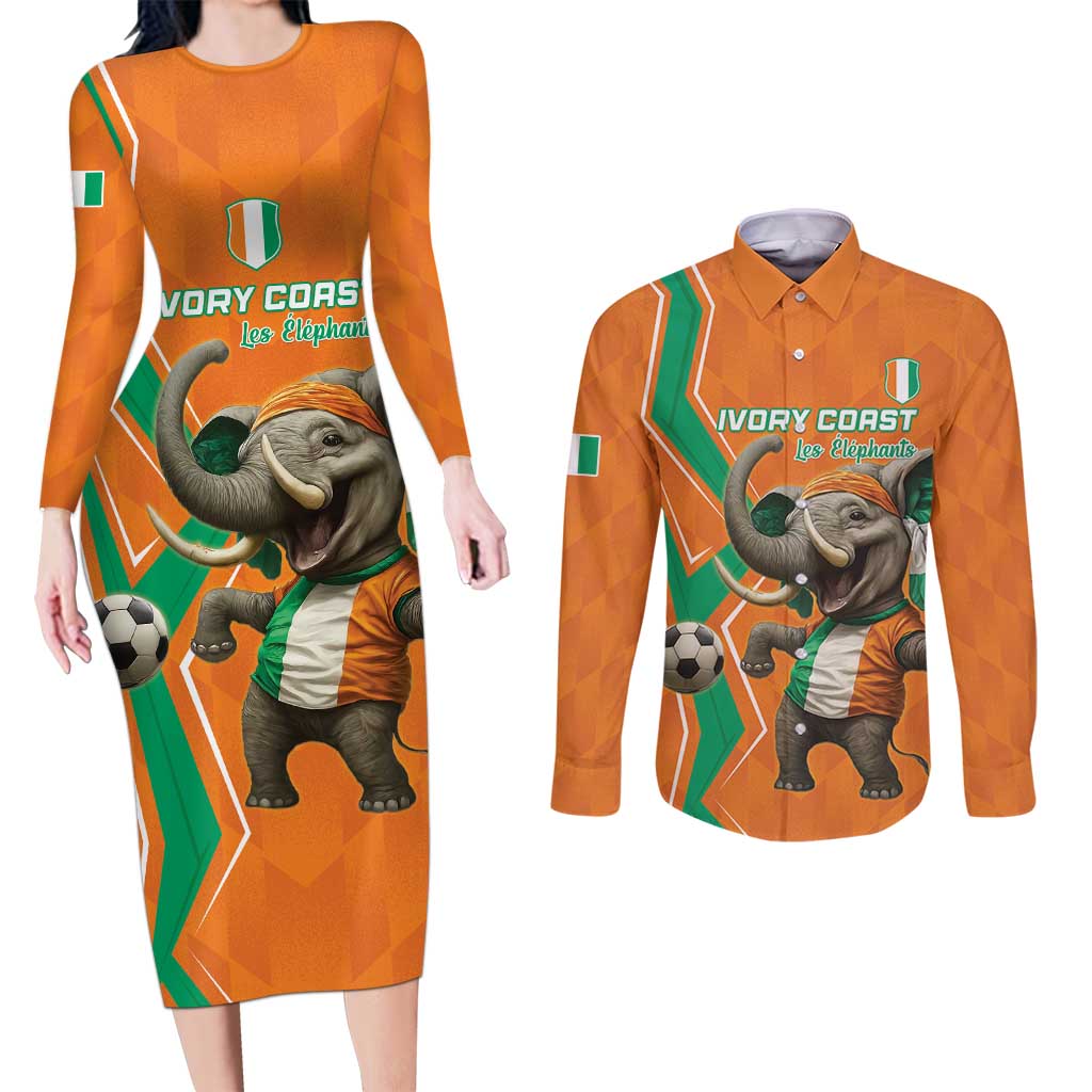 Custom Ivory Coast Football Couples Matching Long Sleeve Bodycon Dress and Long Sleeve Button Shirt Go Les Elephants