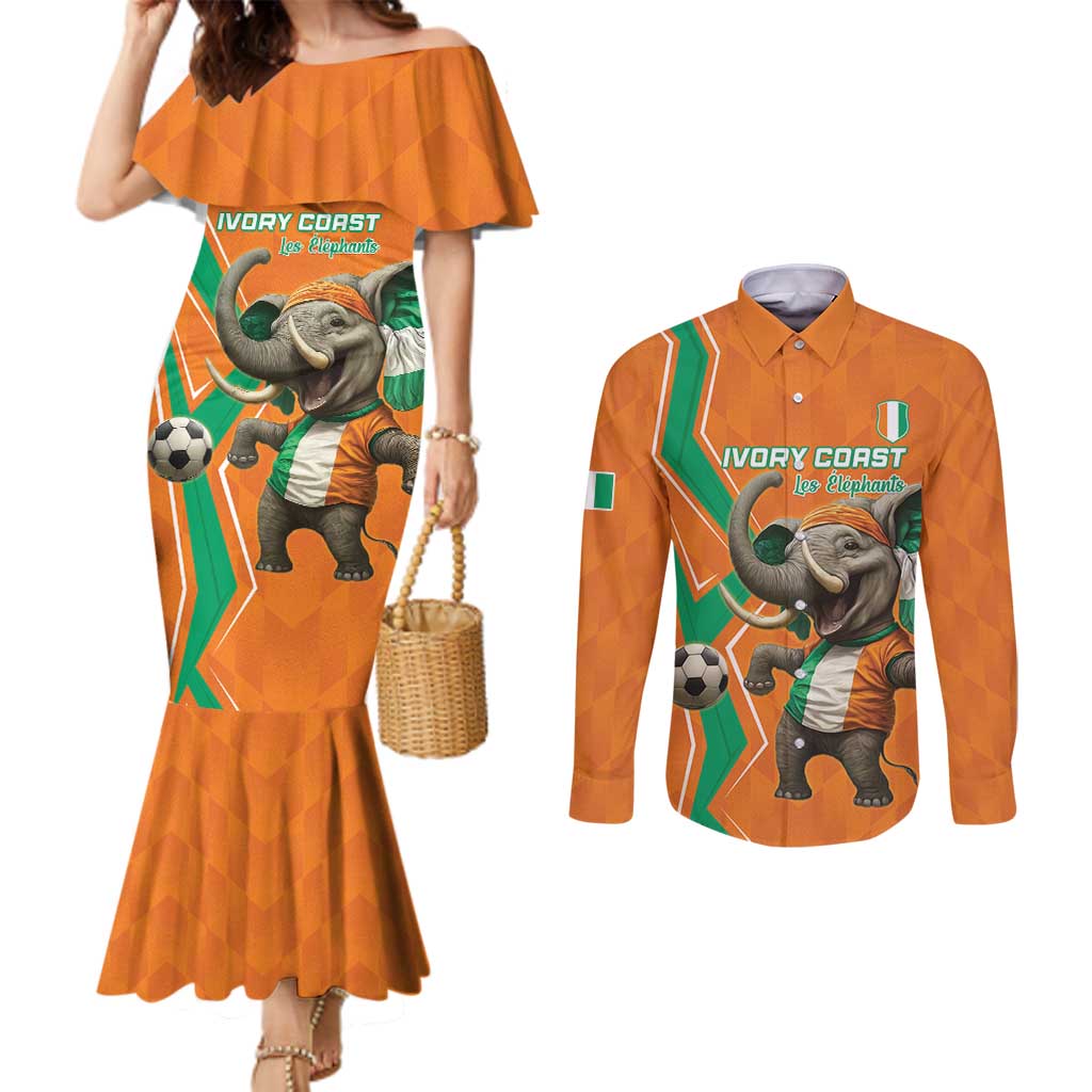 Custom Ivory Coast Football Couples Matching Mermaid Dress and Long Sleeve Button Shirt Go Les Elephants