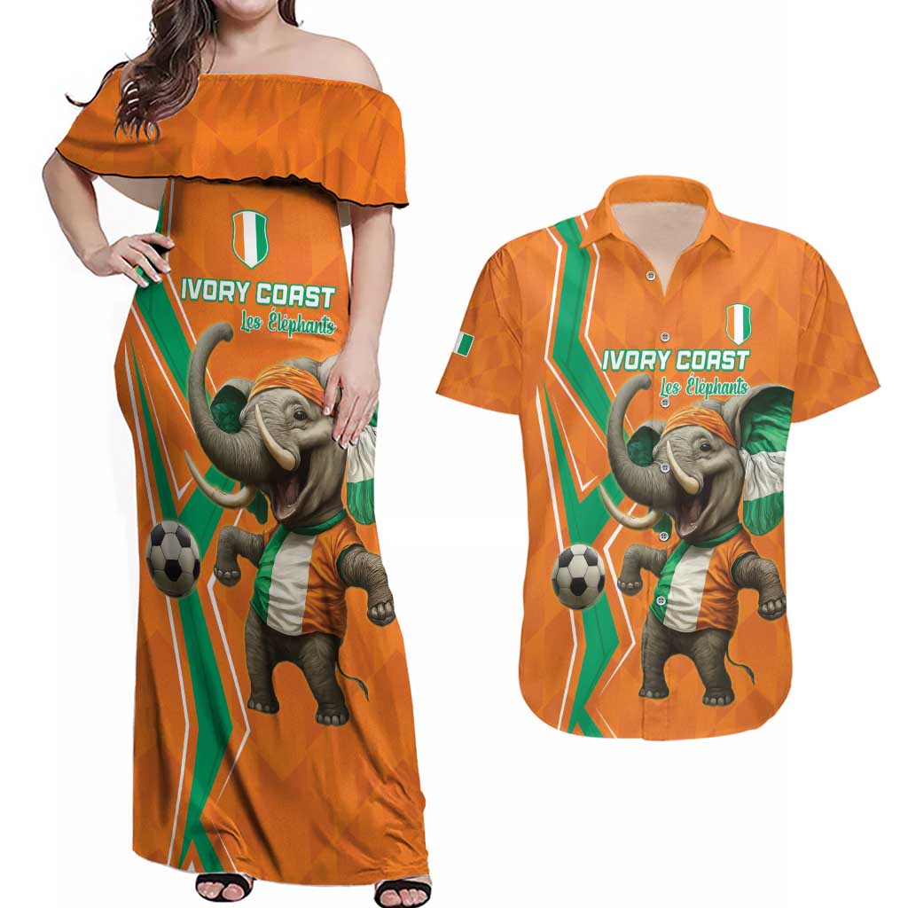 Custom Ivory Coast Football Couples Matching Off Shoulder Maxi Dress and Hawaiian Shirt Go Les Elephants