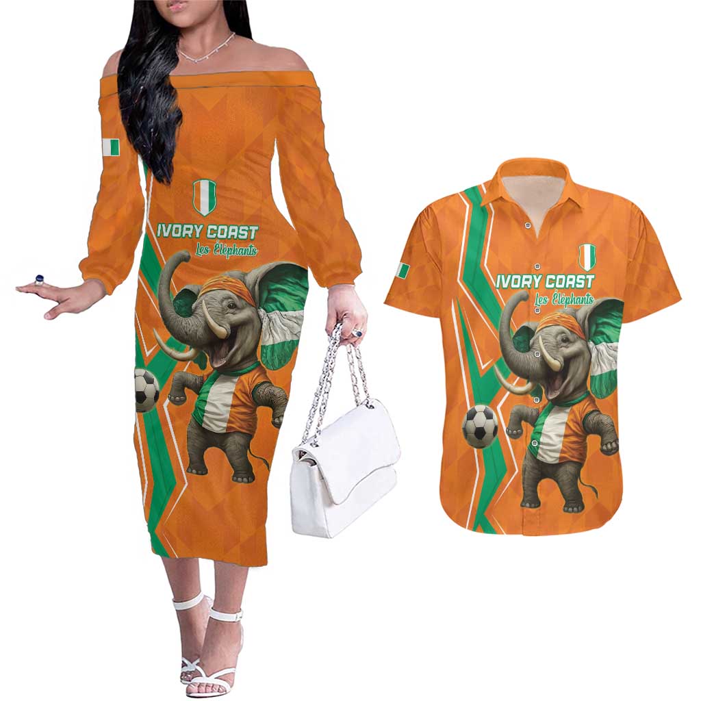 Custom Ivory Coast Football Couples Matching Off The Shoulder Long Sleeve Dress and Hawaiian Shirt Go Les Elephants
