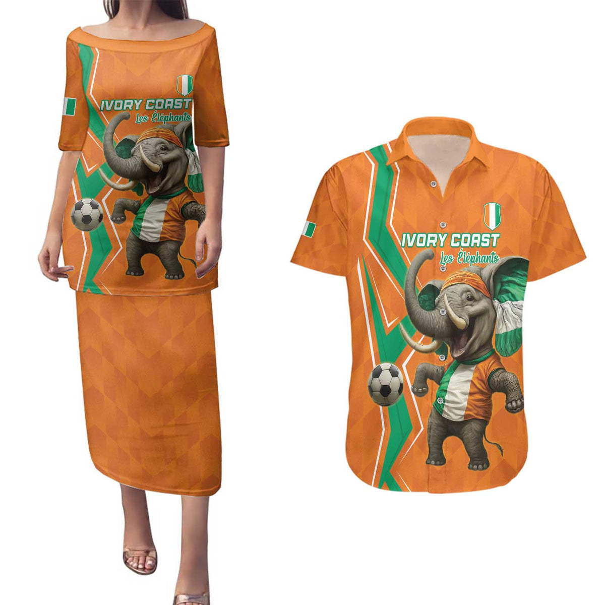 Custom Ivory Coast Football Couples Matching Puletasi and Hawaiian Shirt Go Les Elephants