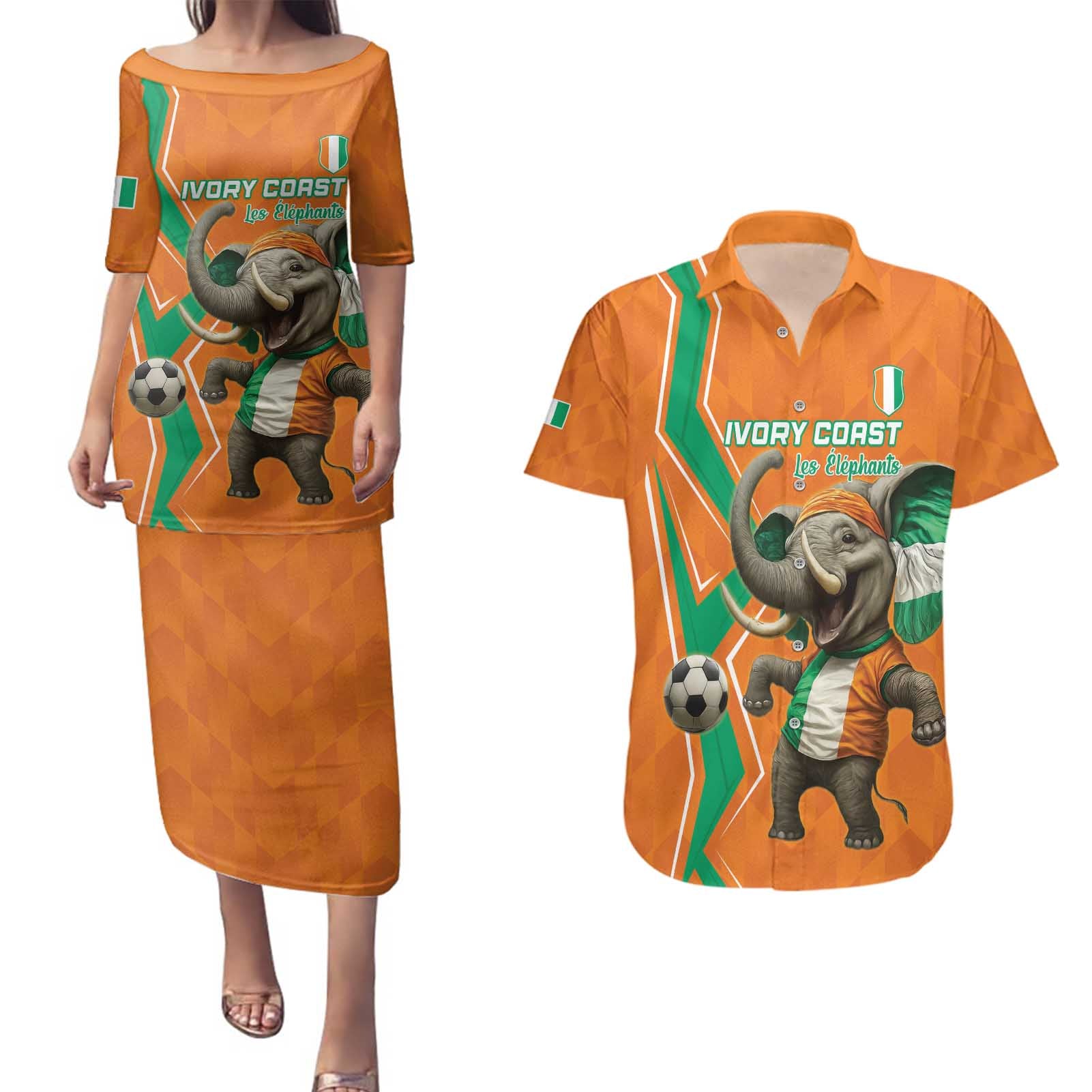 Custom Ivory Coast Football Couples Matching Puletasi and Hawaiian Shirt Go Les Elephants