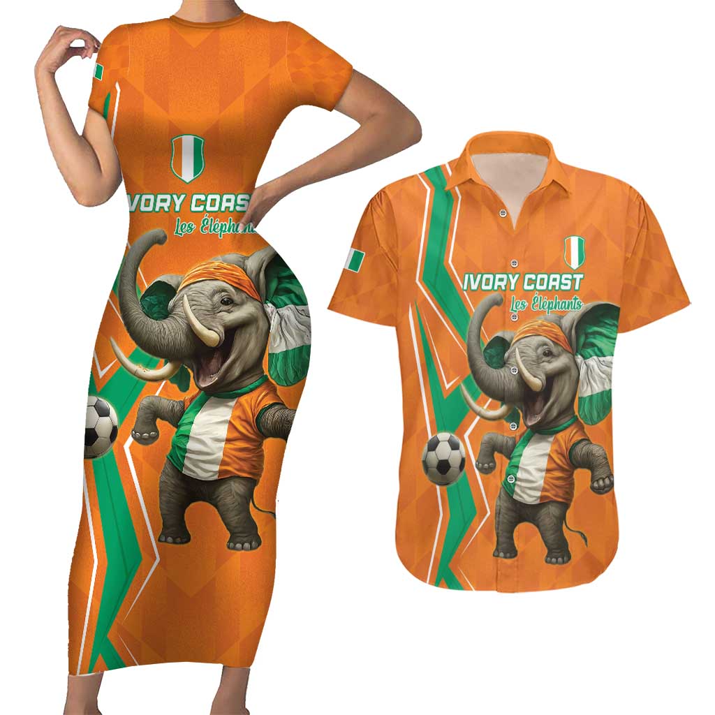 Custom Ivory Coast Football Couples Matching Short Sleeve Bodycon Dress and Hawaiian Shirt Go Les Elephants