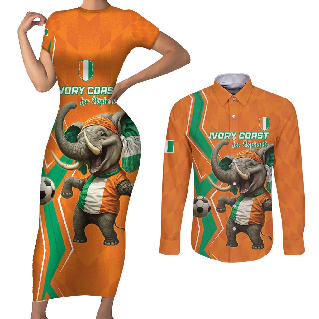 Custom Ivory Coast Football Couples Matching Short Sleeve Bodycon Dress and Long Sleeve Button Shirt Go Les Elephants
