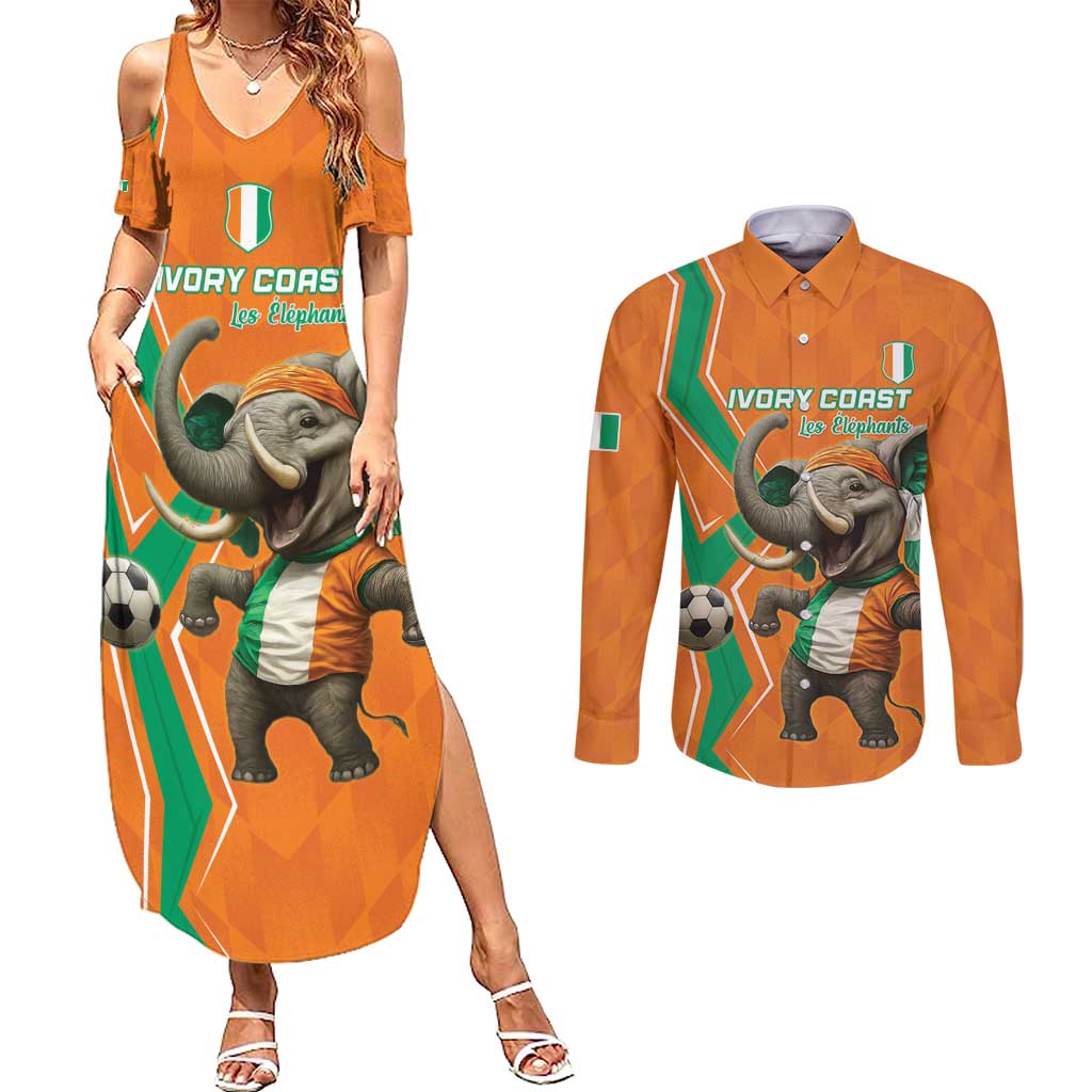Custom Ivory Coast Football Couples Matching Summer Maxi Dress and Long Sleeve Button Shirt Go Les Elephants