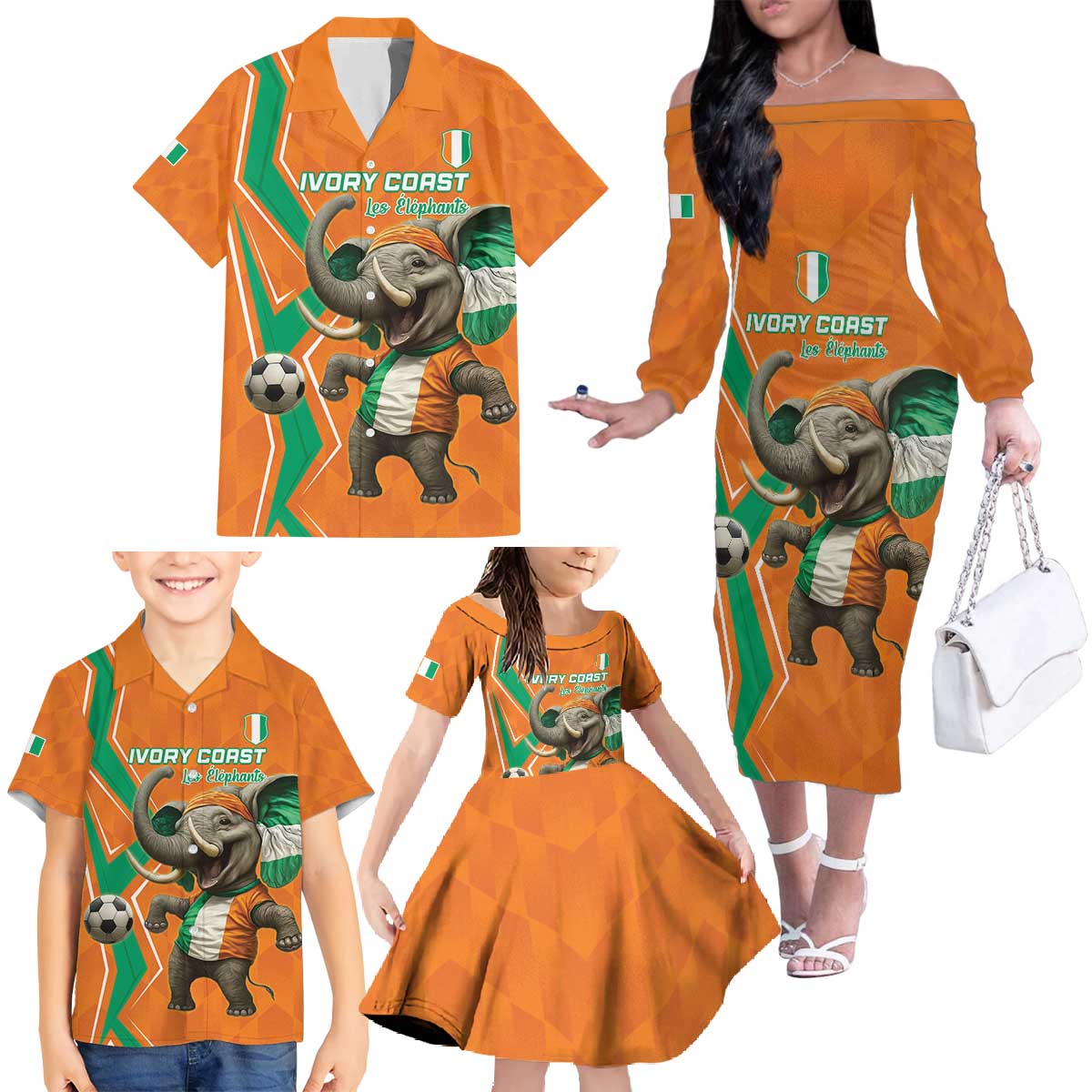 Custom Ivory Coast Football Family Matching Off The Shoulder Long Sleeve Dress and Hawaiian Shirt Go Les Elephants