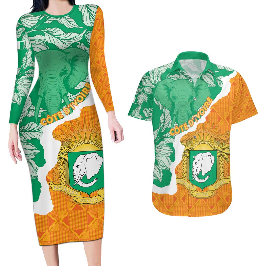 Personalised Ivory Coast Couples Matching Long Sleeve Bodycon Dress and Hawaiian Shirt Elephant With Coat Of Arms