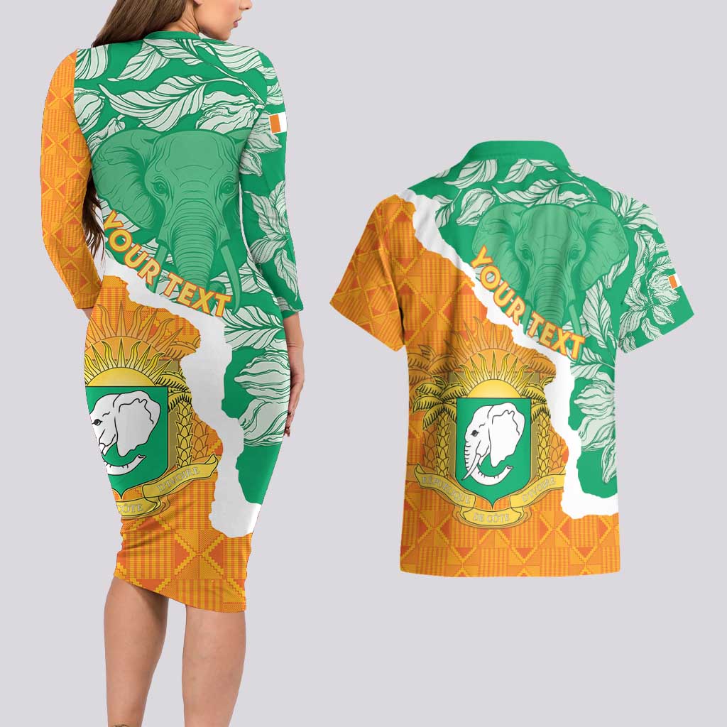 Personalised Ivory Coast Couples Matching Long Sleeve Bodycon Dress and Hawaiian Shirt Elephant With Coat Of Arms