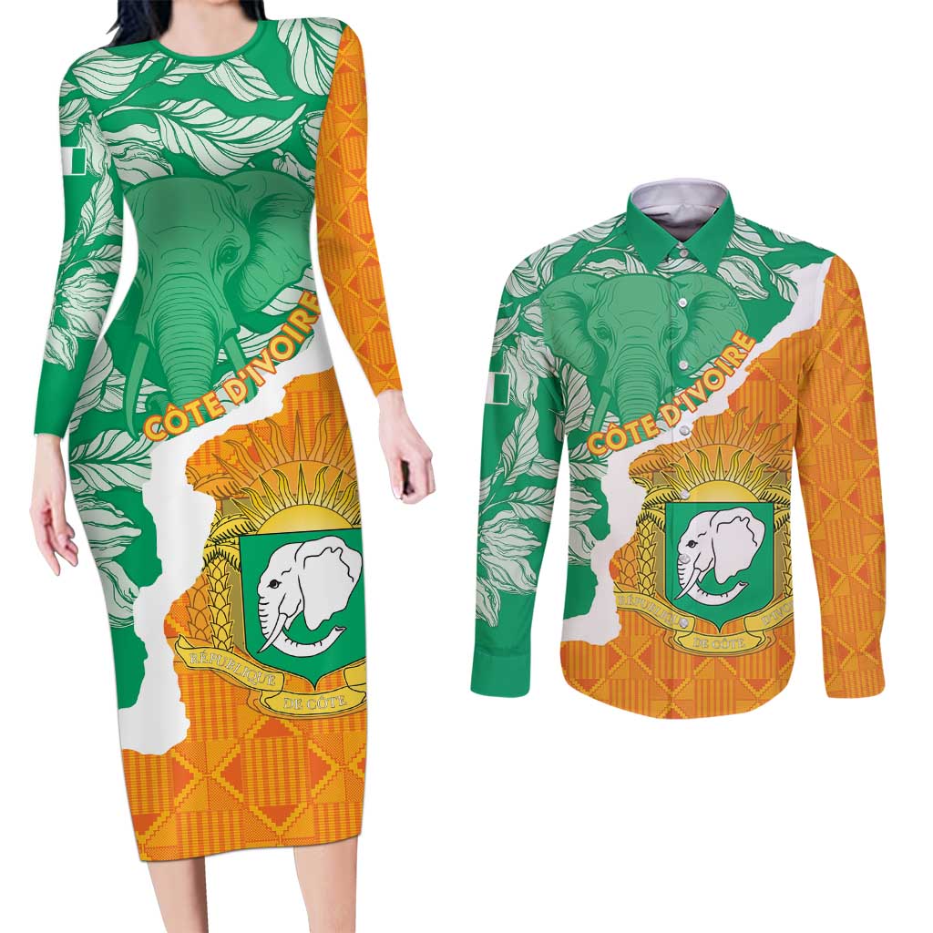 Personalised Ivory Coast Couples Matching Long Sleeve Bodycon Dress and Long Sleeve Button Shirt Elephant With Coat Of Arms