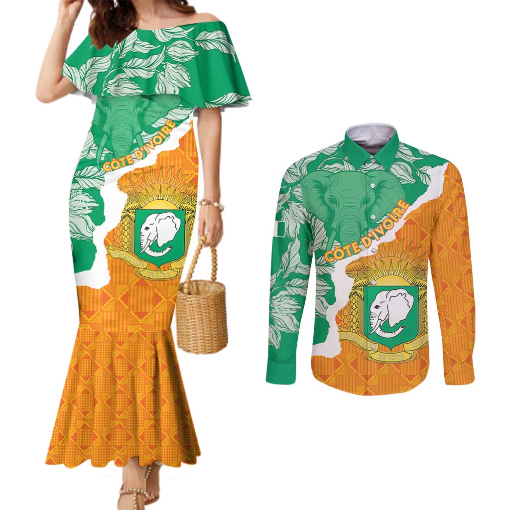 Personalised Ivory Coast Couples Matching Mermaid Dress and Long Sleeve Button Shirt Elephant With Coat Of Arms