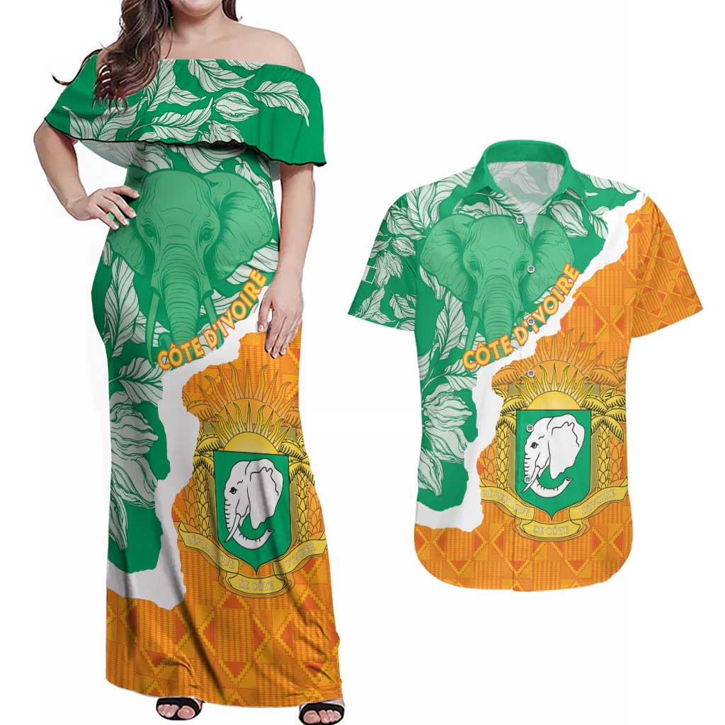 Personalised Ivory Coast Couples Matching Off Shoulder Maxi Dress and Hawaiian Shirt Elephant With Coat Of Arms