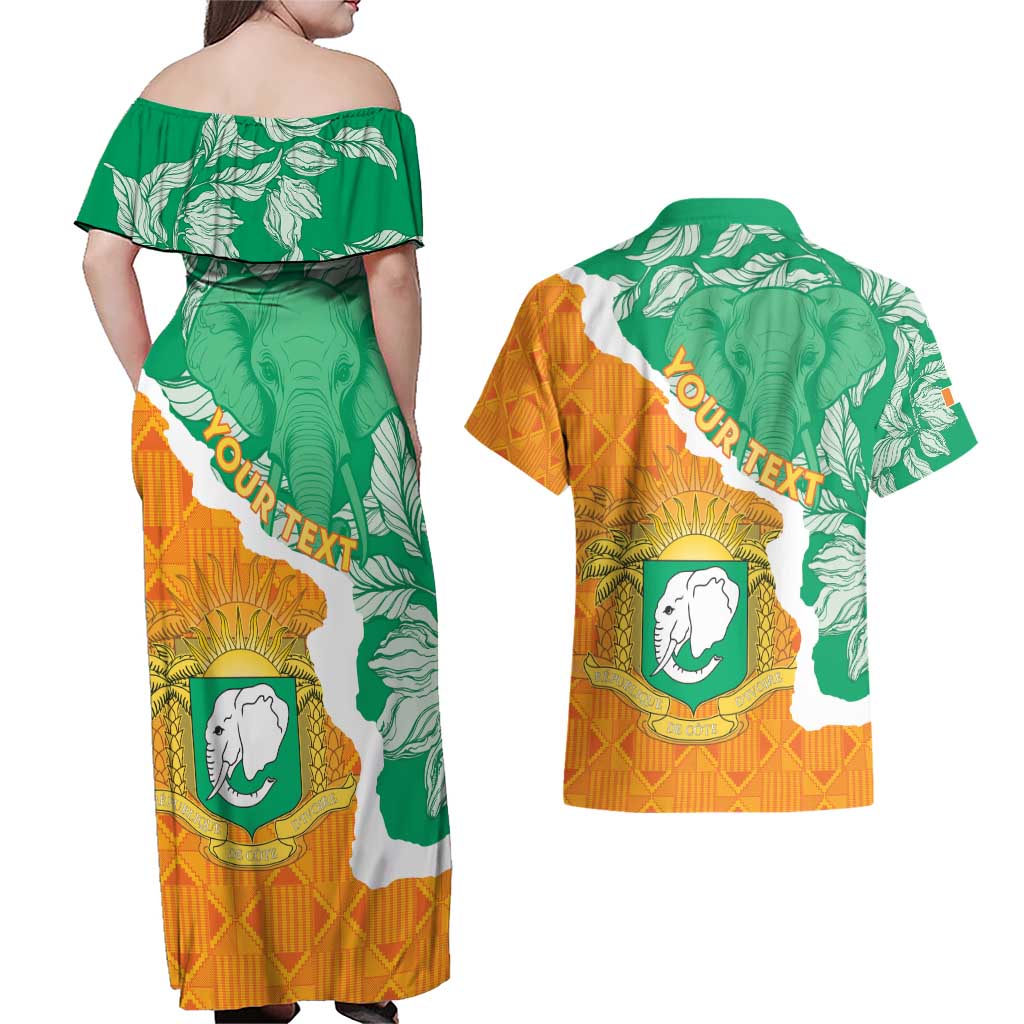 Personalised Ivory Coast Couples Matching Off Shoulder Maxi Dress and Hawaiian Shirt Elephant With Coat Of Arms