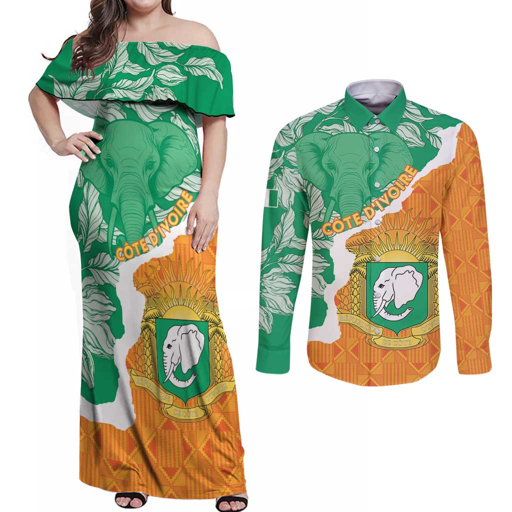Personalised Ivory Coast Couples Matching Off Shoulder Maxi Dress and Long Sleeve Button Shirt Elephant With Coat Of Arms