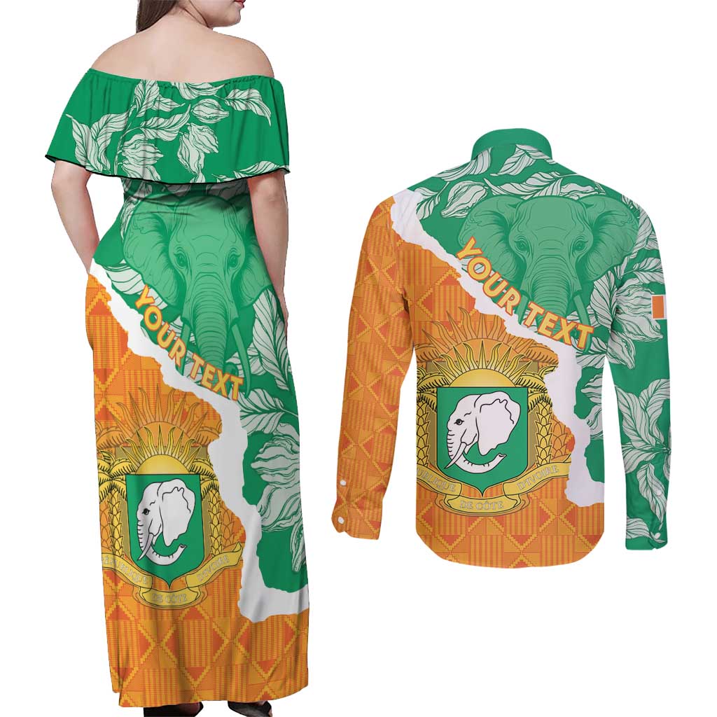 Personalised Ivory Coast Couples Matching Off Shoulder Maxi Dress and Long Sleeve Button Shirt Elephant With Coat Of Arms