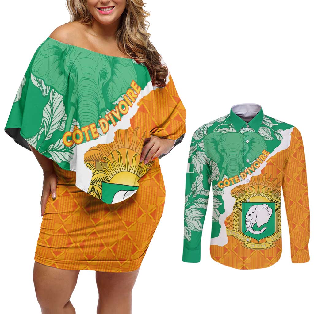 Personalised Ivory Coast Couples Matching Off Shoulder Short Dress and Long Sleeve Button Shirt Elephant With Coat Of Arms