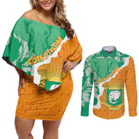 Personalised Ivory Coast Couples Matching Off Shoulder Short Dress and Long Sleeve Button Shirt Elephant With Coat Of Arms