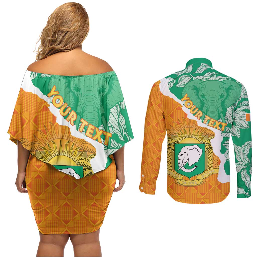 Personalised Ivory Coast Couples Matching Off Shoulder Short Dress and Long Sleeve Button Shirt Elephant With Coat Of Arms