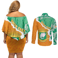 Personalised Ivory Coast Couples Matching Off Shoulder Short Dress and Long Sleeve Button Shirt Elephant With Coat Of Arms