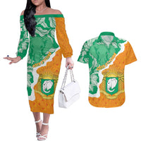 Personalised Ivory Coast Couples Matching Off The Shoulder Long Sleeve Dress and Hawaiian Shirt Elephant With Coat Of Arms