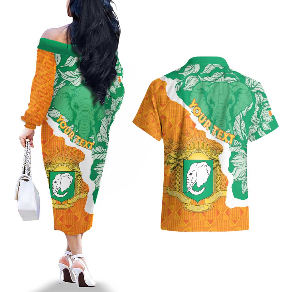 Personalised Ivory Coast Couples Matching Off The Shoulder Long Sleeve Dress and Hawaiian Shirt Elephant With Coat Of Arms