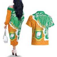 Personalised Ivory Coast Couples Matching Off The Shoulder Long Sleeve Dress and Hawaiian Shirt Elephant With Coat Of Arms
