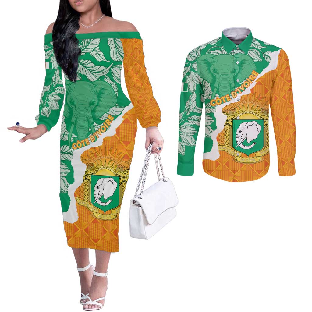 Personalised Ivory Coast Couples Matching Off The Shoulder Long Sleeve Dress and Long Sleeve Button Shirt Elephant With Coat Of Arms