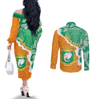 Personalised Ivory Coast Couples Matching Off The Shoulder Long Sleeve Dress and Long Sleeve Button Shirt Elephant With Coat Of Arms