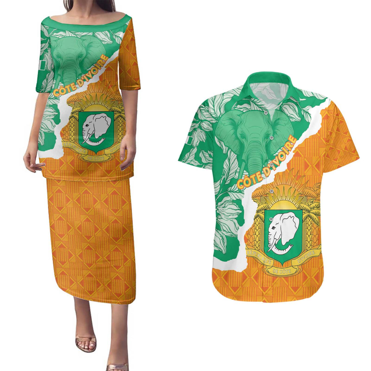 Personalised Ivory Coast Couples Matching Puletasi and Hawaiian Shirt Elephant With Coat Of Arms