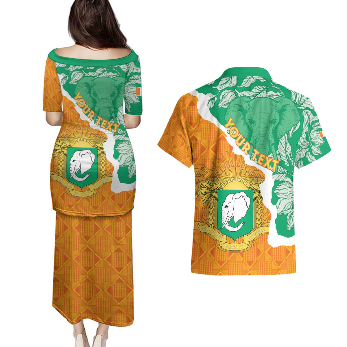Personalised Ivory Coast Couples Matching Puletasi and Hawaiian Shirt Elephant With Coat Of Arms
