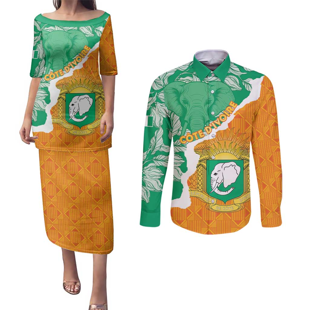 Personalised Ivory Coast Couples Matching Puletasi and Long Sleeve Button Shirt Elephant With Coat Of Arms