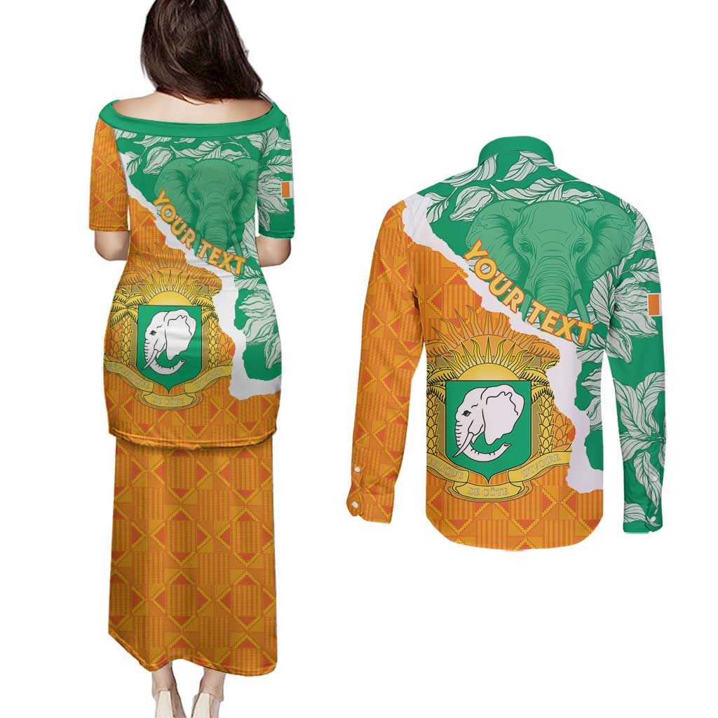 Personalised Ivory Coast Couples Matching Puletasi and Long Sleeve Button Shirt Elephant With Coat Of Arms