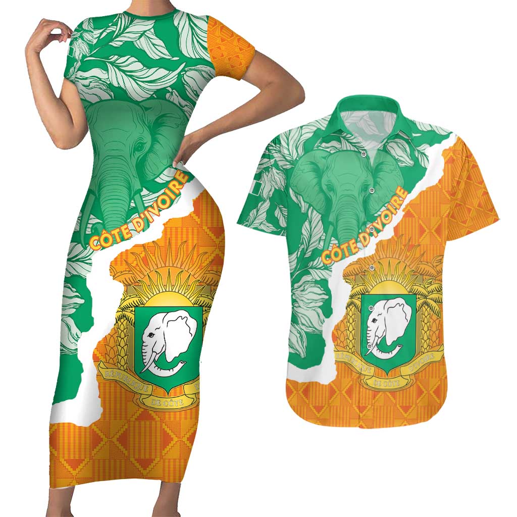 Personalised Ivory Coast Couples Matching Short Sleeve Bodycon Dress and Hawaiian Shirt Elephant With Coat Of Arms