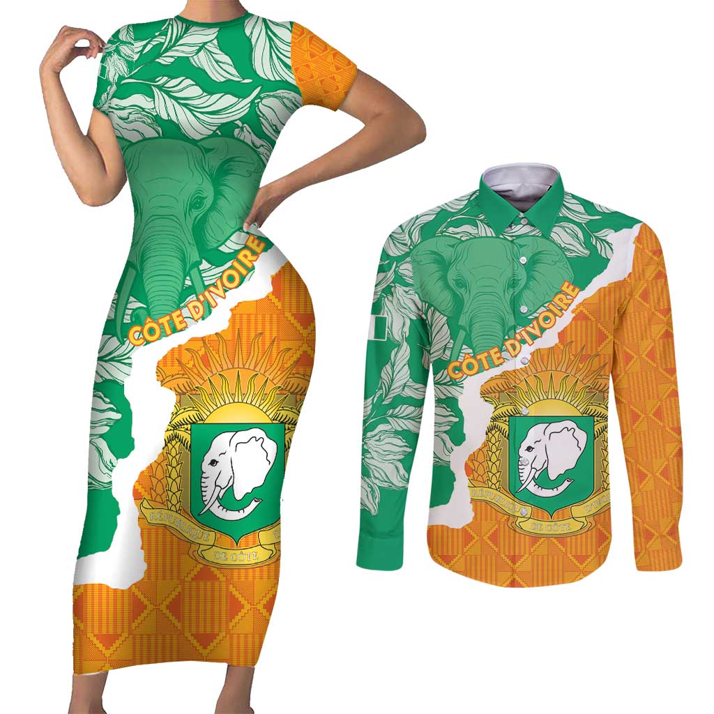 Personalised Ivory Coast Couples Matching Short Sleeve Bodycon Dress and Long Sleeve Button Shirt Elephant With Coat Of Arms
