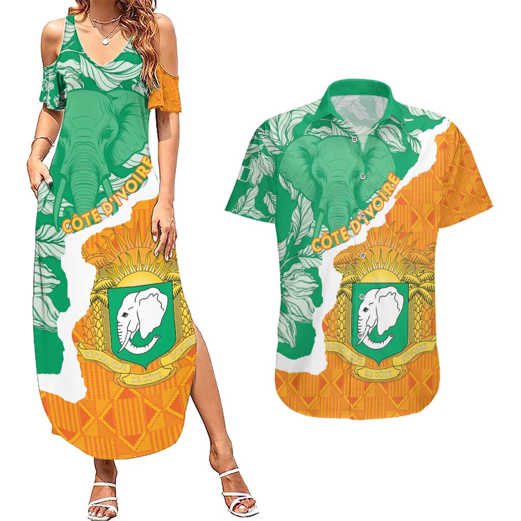 Personalised Ivory Coast Couples Matching Summer Maxi Dress and Hawaiian Shirt Elephant With Coat Of Arms