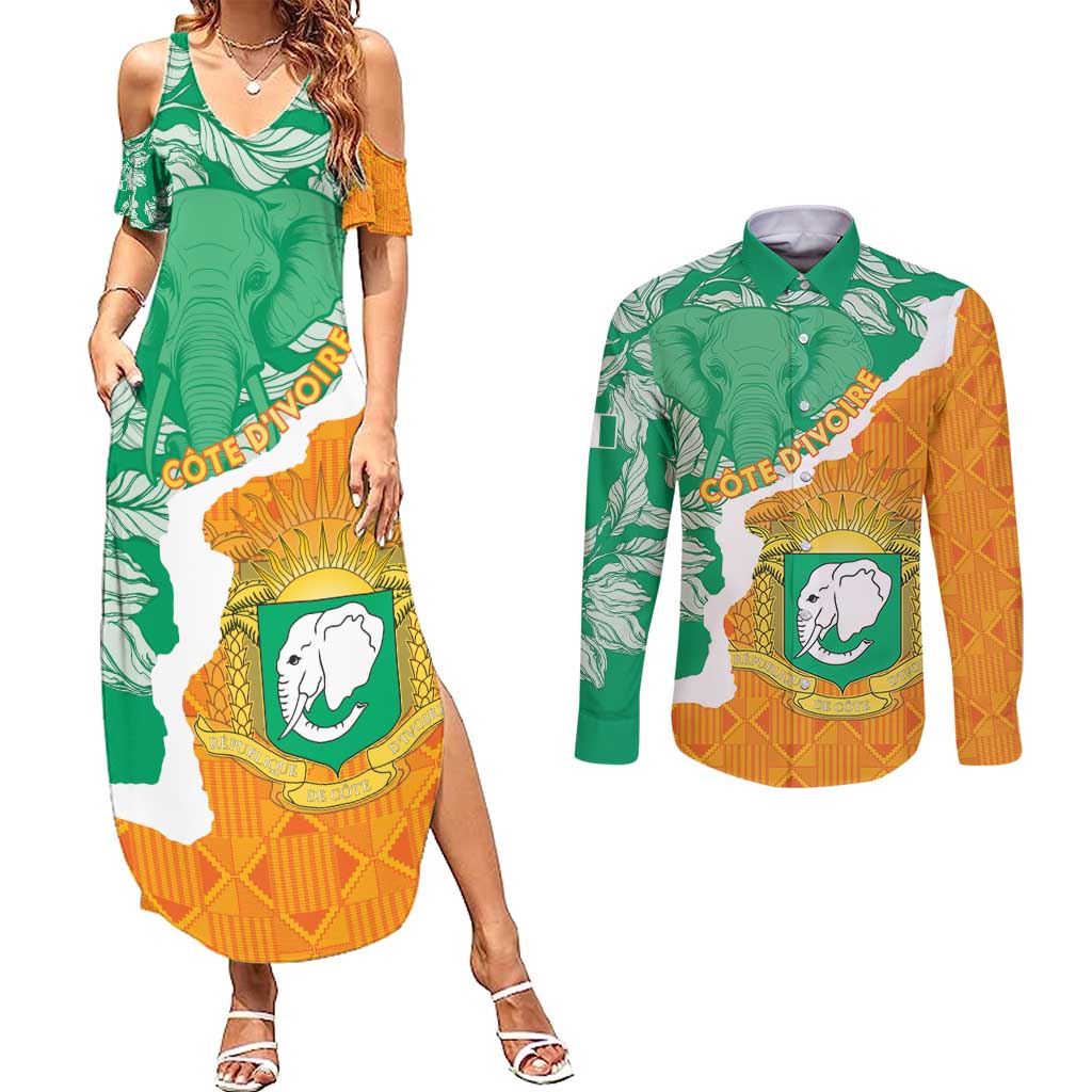 Personalised Ivory Coast Couples Matching Summer Maxi Dress and Long Sleeve Button Shirt Elephant With Coat Of Arms