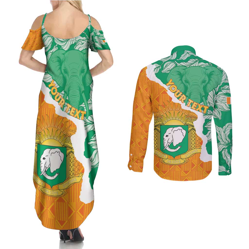 Personalised Ivory Coast Couples Matching Summer Maxi Dress and Long Sleeve Button Shirt Elephant With Coat Of Arms