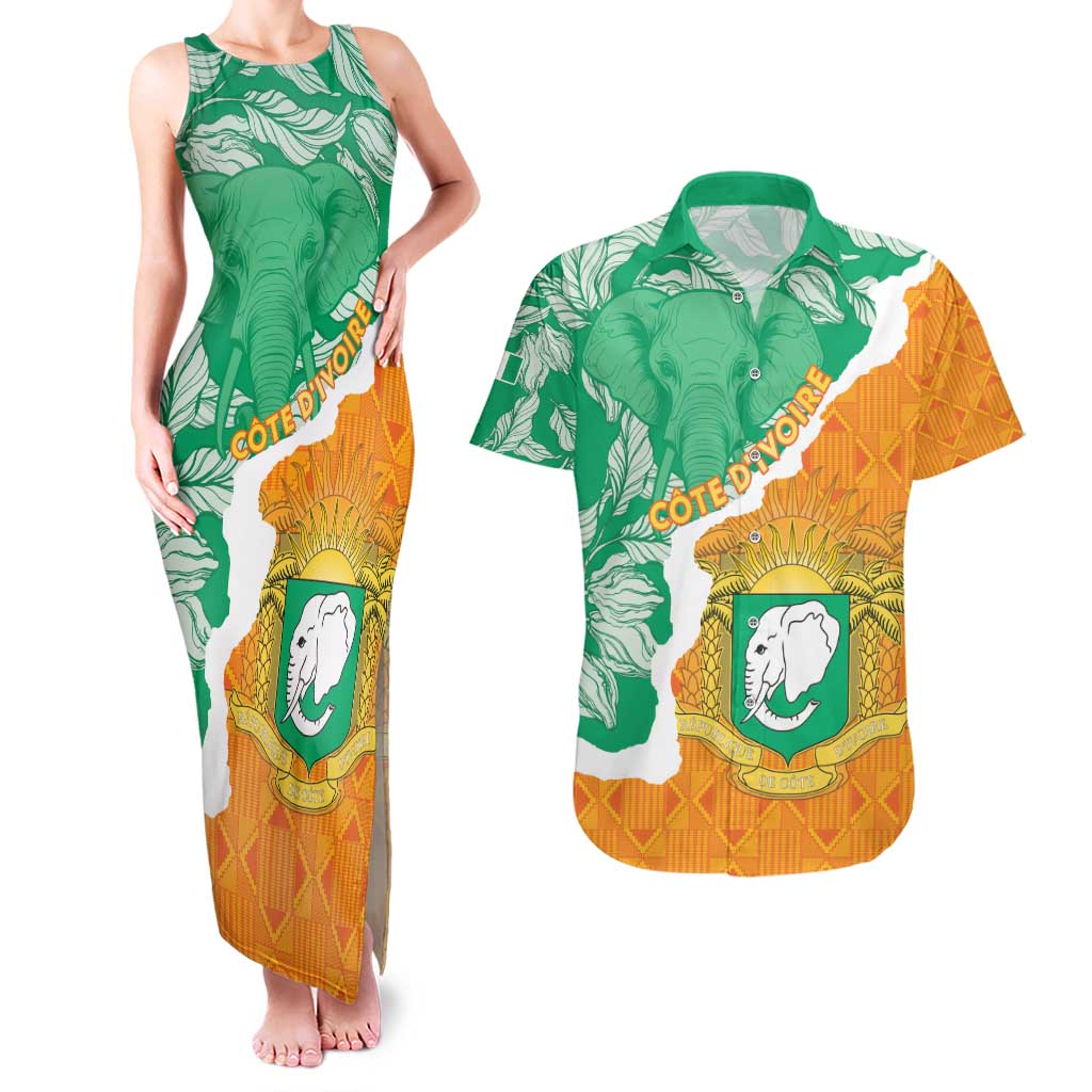 Personalised Ivory Coast Couples Matching Tank Maxi Dress and Hawaiian Shirt Elephant With Coat Of Arms