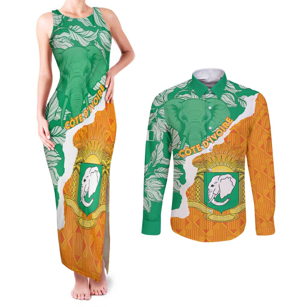 Personalised Ivory Coast Couples Matching Tank Maxi Dress and Long Sleeve Button Shirt Elephant With Coat Of Arms