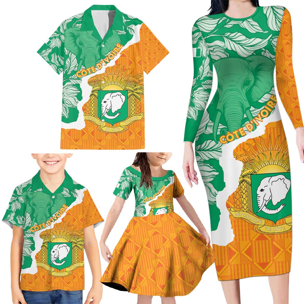 Personalised Ivory Coast Family Matching Long Sleeve Bodycon Dress and Hawaiian Shirt Elephant With Coat Of Arms