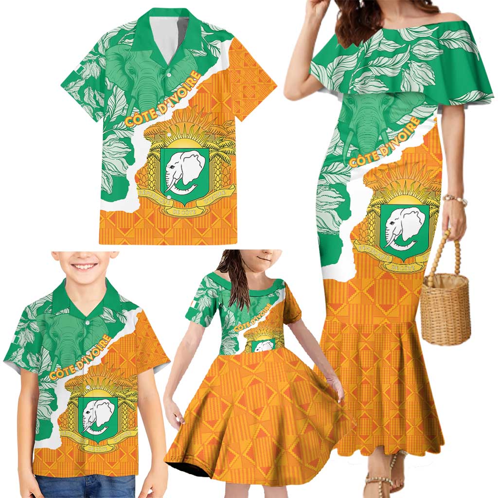 Personalised Ivory Coast Family Matching Mermaid Dress and Hawaiian Shirt Elephant With Coat Of Arms