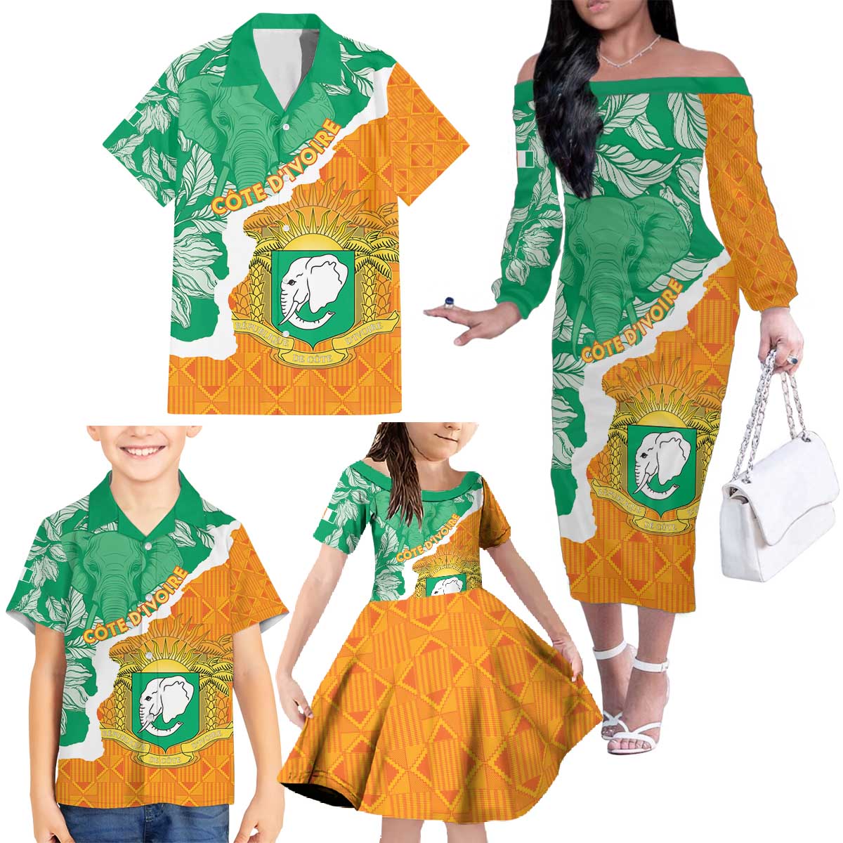 Personalised Ivory Coast Family Matching Off The Shoulder Long Sleeve Dress and Hawaiian Shirt Elephant With Coat Of Arms