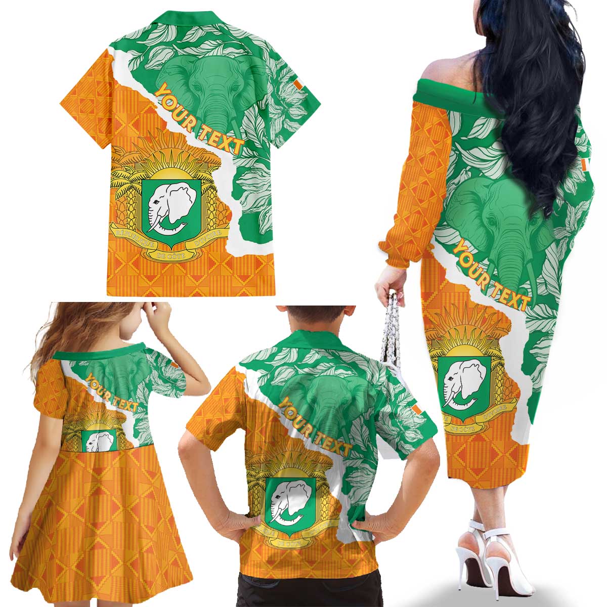 Personalised Ivory Coast Family Matching Off The Shoulder Long Sleeve Dress and Hawaiian Shirt Elephant With Coat Of Arms