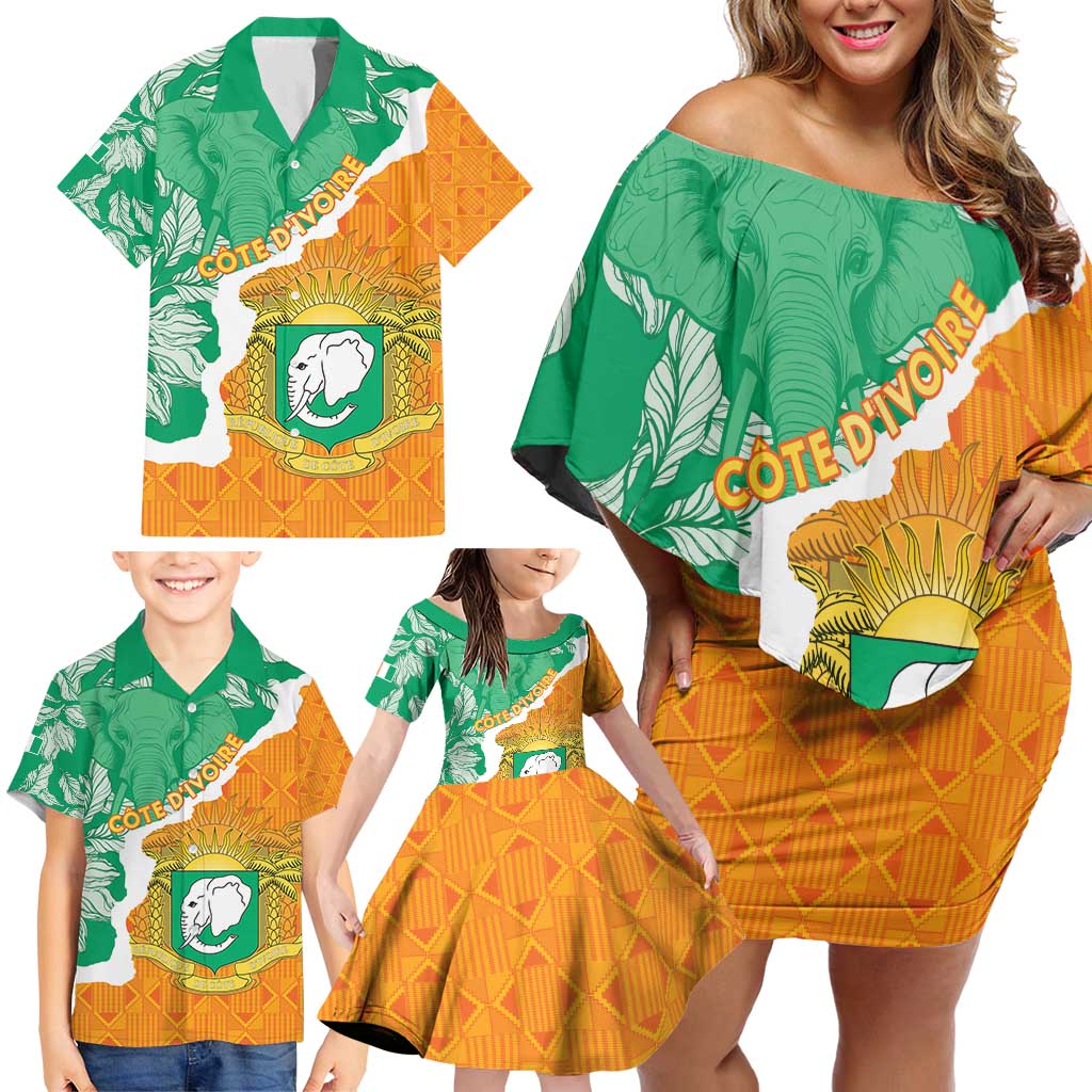 Personalised Ivory Coast Family Matching Off Shoulder Short Dress and Hawaiian Shirt Elephant With Coat Of Arms