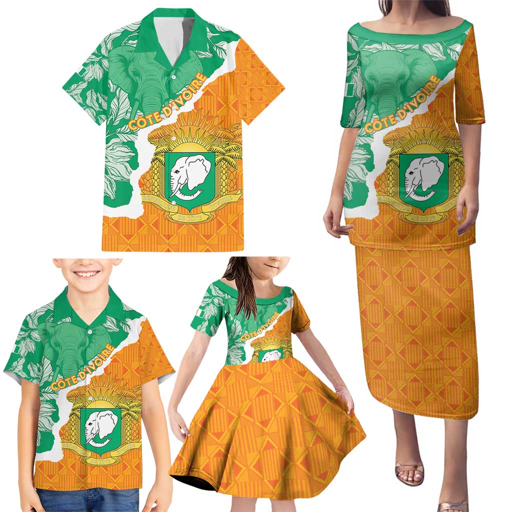 Personalised Ivory Coast Family Matching Puletasi and Hawaiian Shirt Elephant With Coat Of Arms