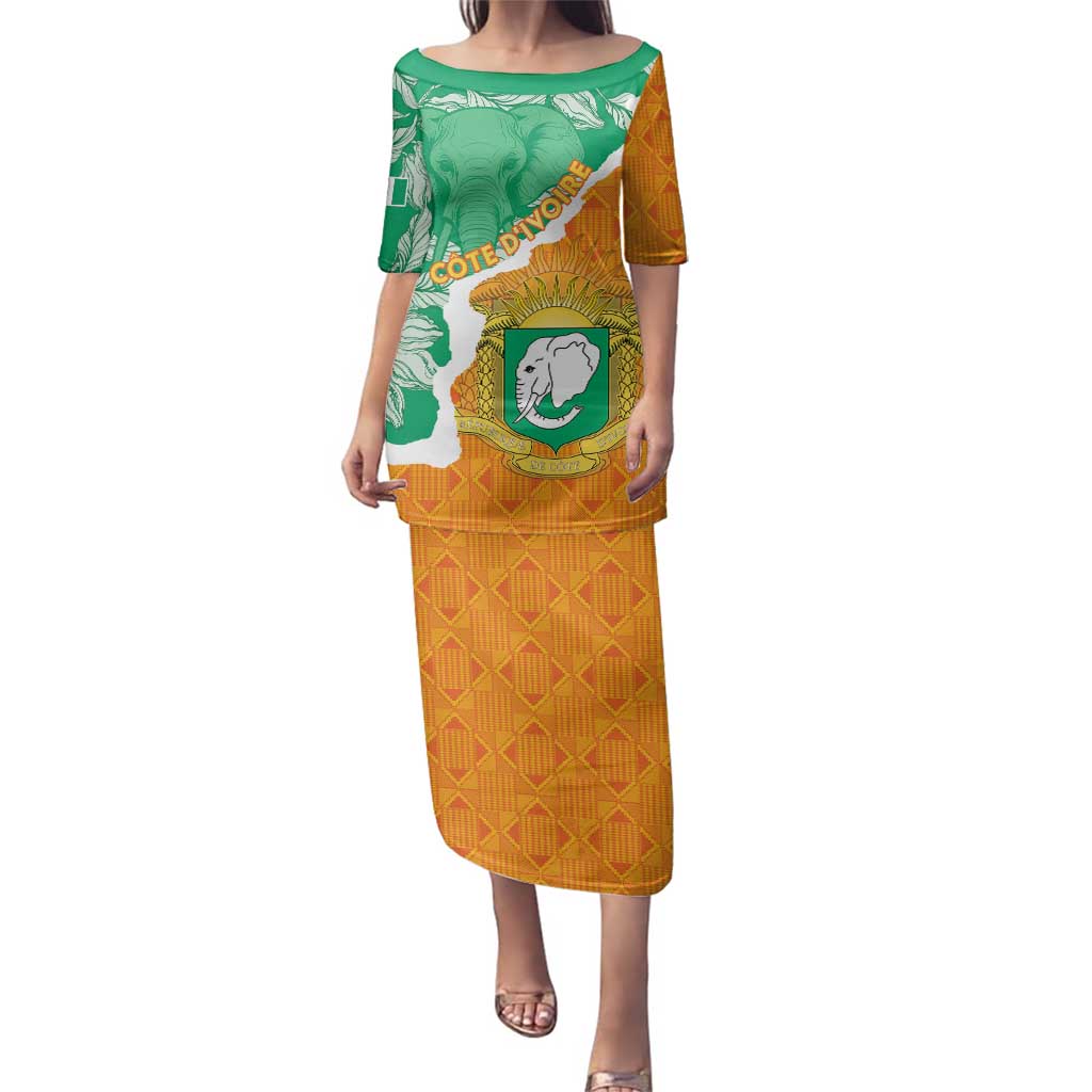 Personalised Ivory Coast Family Matching Puletasi and Hawaiian Shirt Elephant With Coat Of Arms