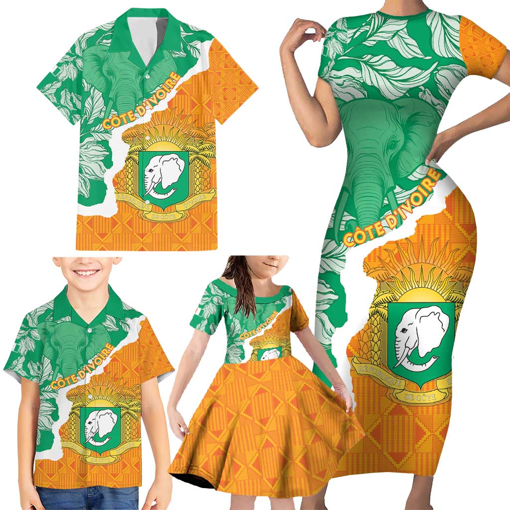 Personalised Ivory Coast Family Matching Short Sleeve Bodycon Dress and Hawaiian Shirt Elephant With Coat Of Arms