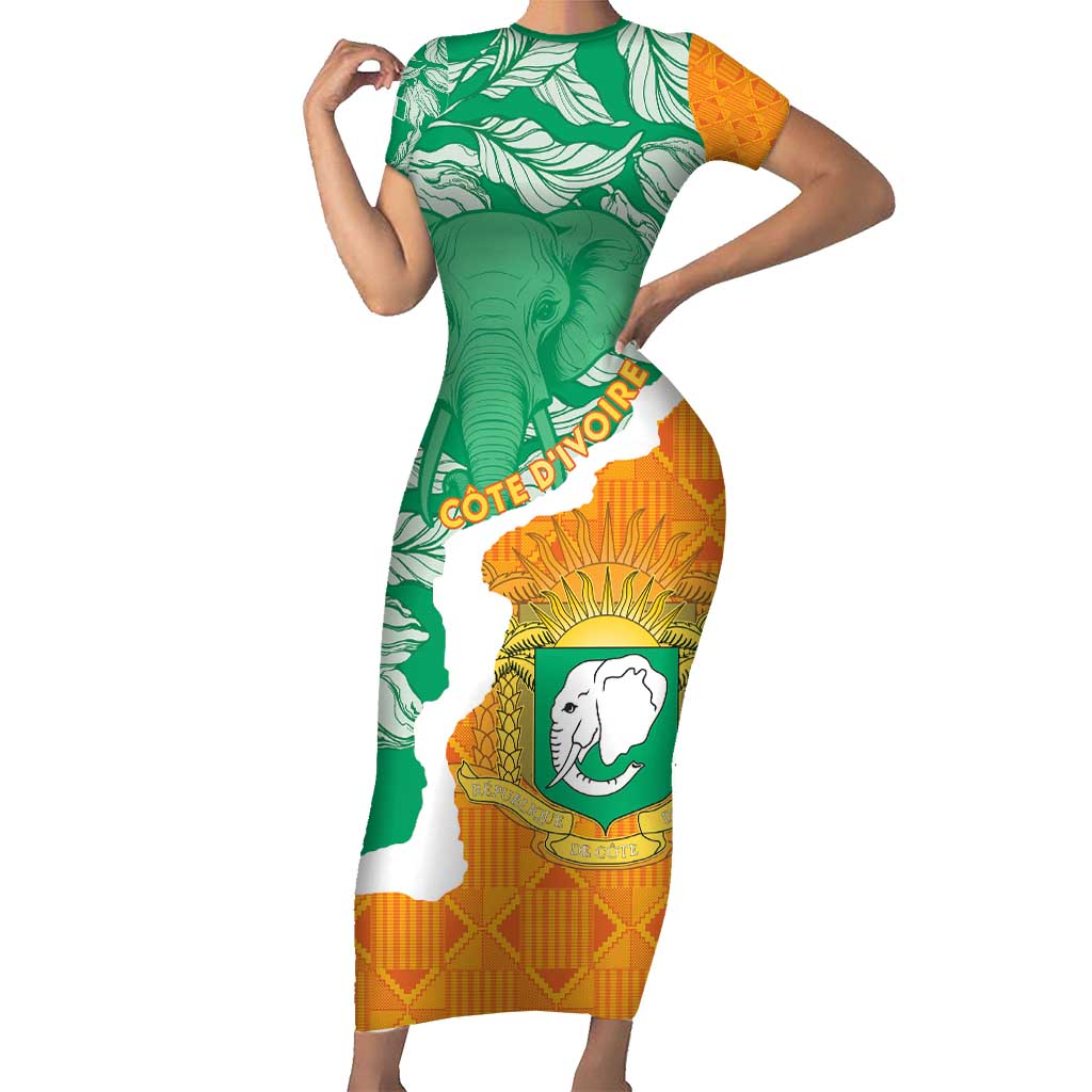 Personalised Ivory Coast Family Matching Short Sleeve Bodycon Dress and Hawaiian Shirt Elephant With Coat Of Arms