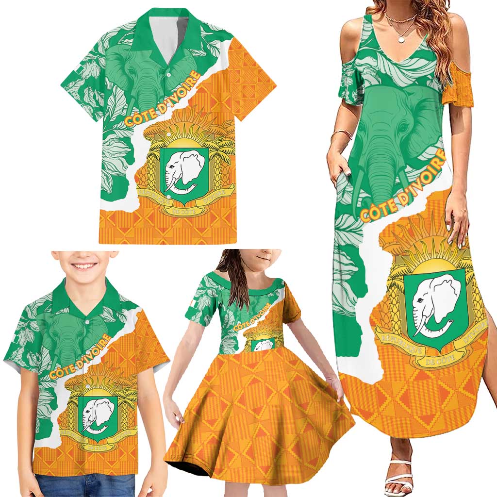 Personalised Ivory Coast Family Matching Summer Maxi Dress and Hawaiian Shirt Elephant With Coat Of Arms