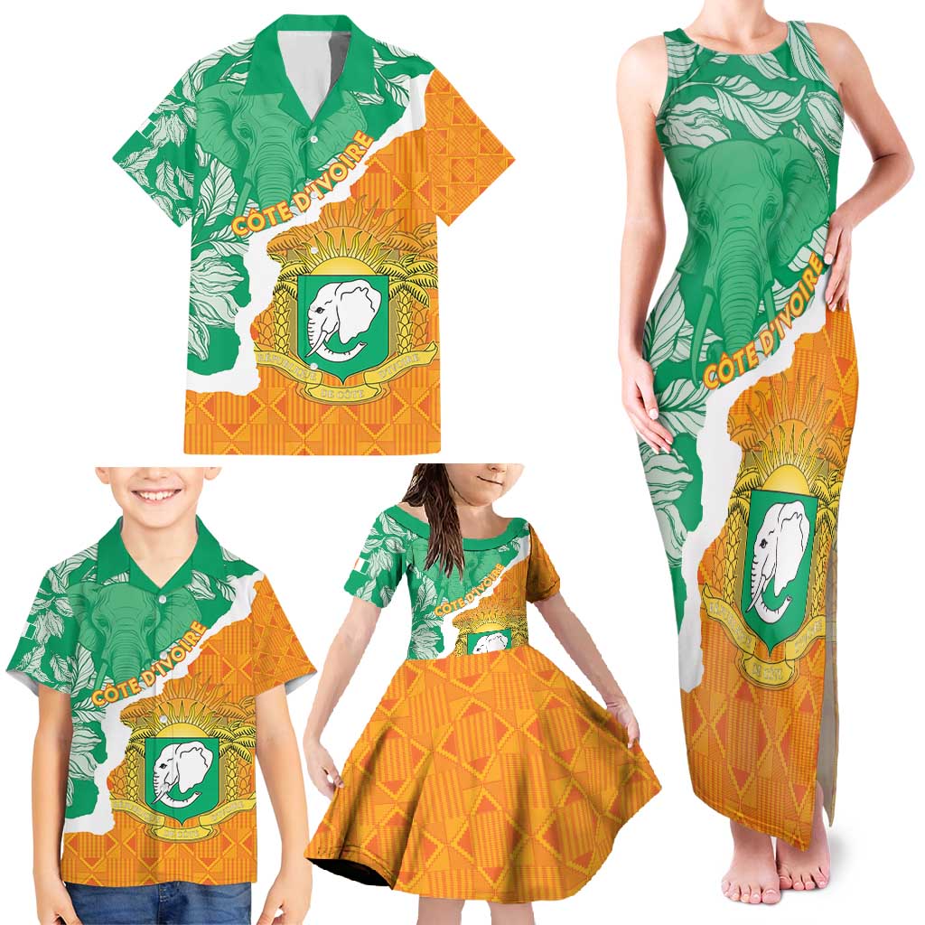 Personalised Ivory Coast Family Matching Tank Maxi Dress and Hawaiian Shirt Elephant With Coat Of Arms